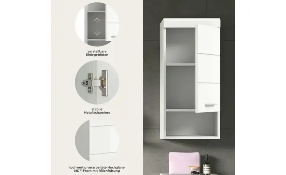 Hängeschrank SCHLOONSEE, Breite 37cm, 1 Tür, 1 offenes Fächer, 1 Einlegeboden, MDF-Front in verschiedenen Farben erhältlich, Badmöbel, Badschrank, Schrank, Bad Schloonsee
