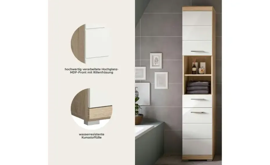 Hochschrank SCHLOONSEE, Breite 37cm, 2 Tür, 1 Schubkasten, 2 offene Fächer, MDF-Front in verschiedenen Farben erhältlich, Badmöbel, Badschrank, Schrank, Bad Schloonsee