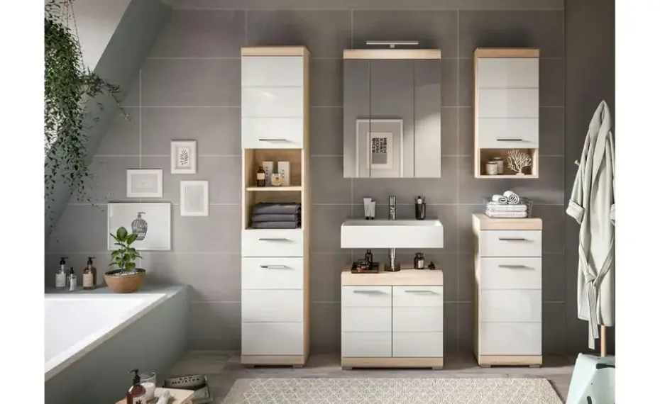 Hochschrank SCHLOONSEE, Breite 37cm, 2 Tür, 1 Schubkasten, 2 offene Fächer, MDF-Front in verschiedenen Farben erhältlich, Badmöbel, Badschrank, Schrank, Bad Schloonsee