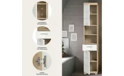 Hochschrank SCHLOONSEE, Breite 37cm, 2 Tür, 1 Schubkasten, 2 offene Fächer, MDF-Front in verschiedenen Farben erhältlich, Badmöbel, Badschrank, Schrank, Bad Schloonsee