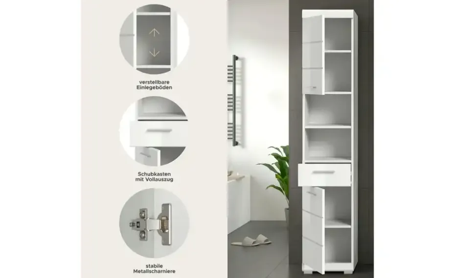Hochschrank SCHLOONSEE, Breite 37cm, 2 Tür, 1 Schubkasten, 2 offene Fächer, MDF-Front in verschiedenen Farben erhältlich, Badmöbel, Badschrank, Schrank, Bad Schloonsee