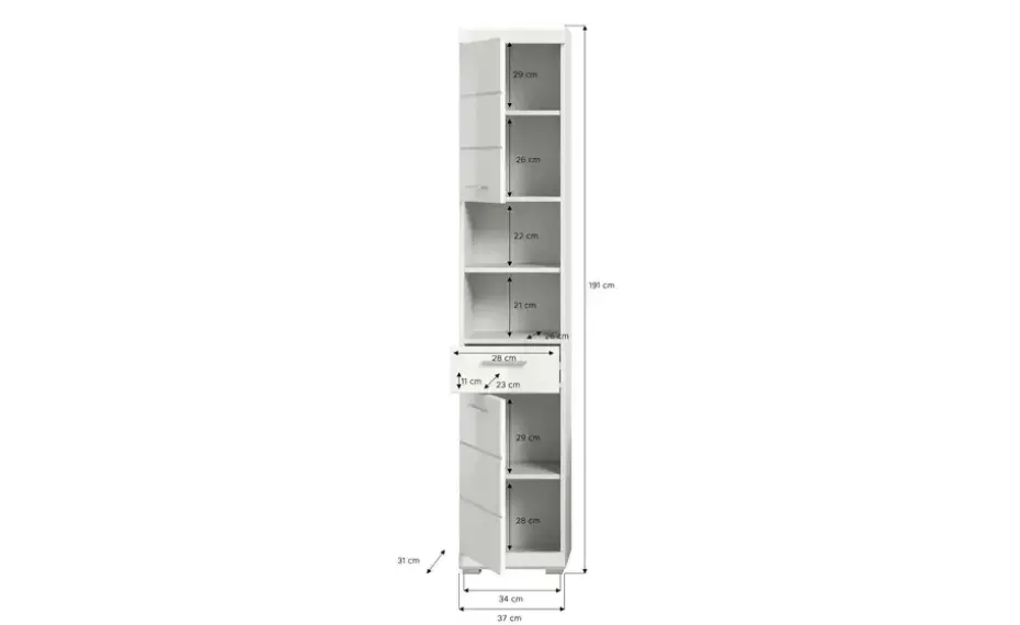 Hochschrank SCHLOONSEE, Breite 37cm, 2 Tür, 1 Schubkasten, 2 offene Fächer, MDF-Front in verschiedenen Farben erhältlich, Badmöbel, Badschrank, Schrank, Bad Schloonsee