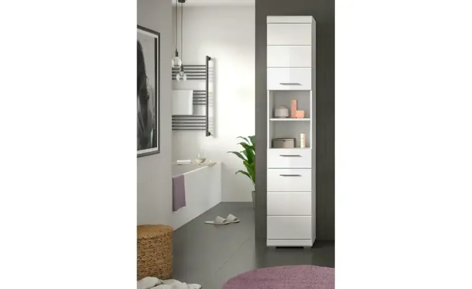 Hochschrank SCHLOONSEE, Breite 37cm, 2 Tür, 1 Schubkasten, 2 offene Fächer, MDF-Front in verschiedenen Farben erhältlich, Badmöbel, Badschrank, Schrank, Bad Schloonsee