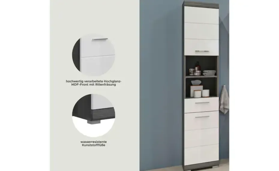 Hochschrank SCHLOONSEE, Breite 37cm, 2 Tür, 1 Schubkasten, 2 offene Fächer, MDF-Front in verschiedenen Farben erhältlich, Badmöbel, Badschrank, Schrank, Bad Schloonsee