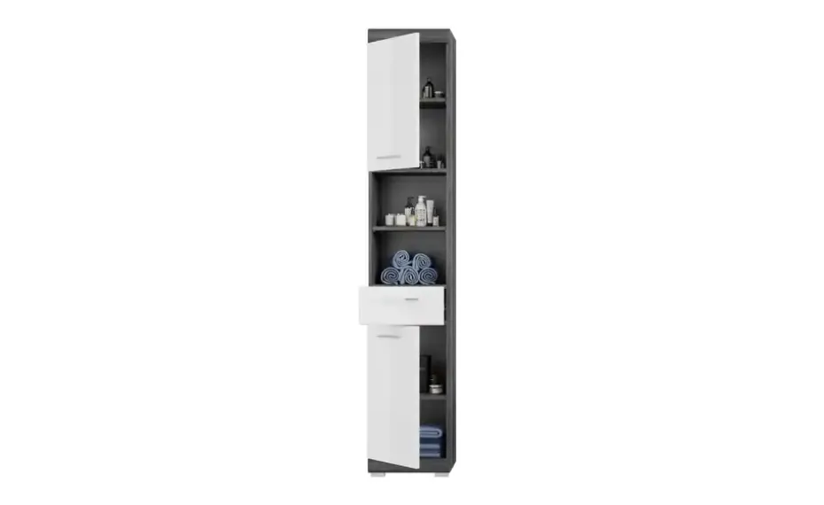 Hochschrank SCHLOONSEE, Breite 37cm, 2 Tür, 1 Schubkasten, 2 offene Fächer, MDF-Front in verschiedenen Farben erhältlich, Badmöbel, Badschrank, Schrank, Bad Schloonsee