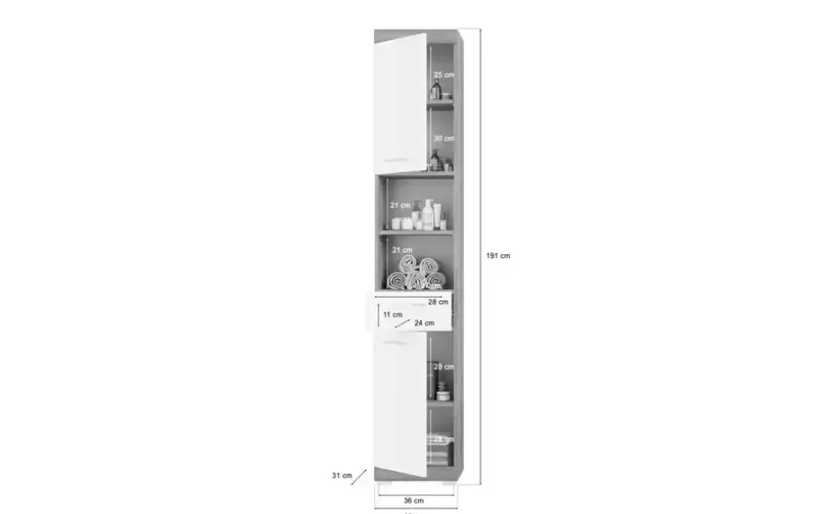 Hochschrank SCHLOONSEE, Breite 37cm, 2 Tür, 1 Schubkasten, 2 offene Fächer, MDF-Front in verschiedenen Farben erhältlich, Badmöbel, Badschrank, Schrank, Bad Schloonsee